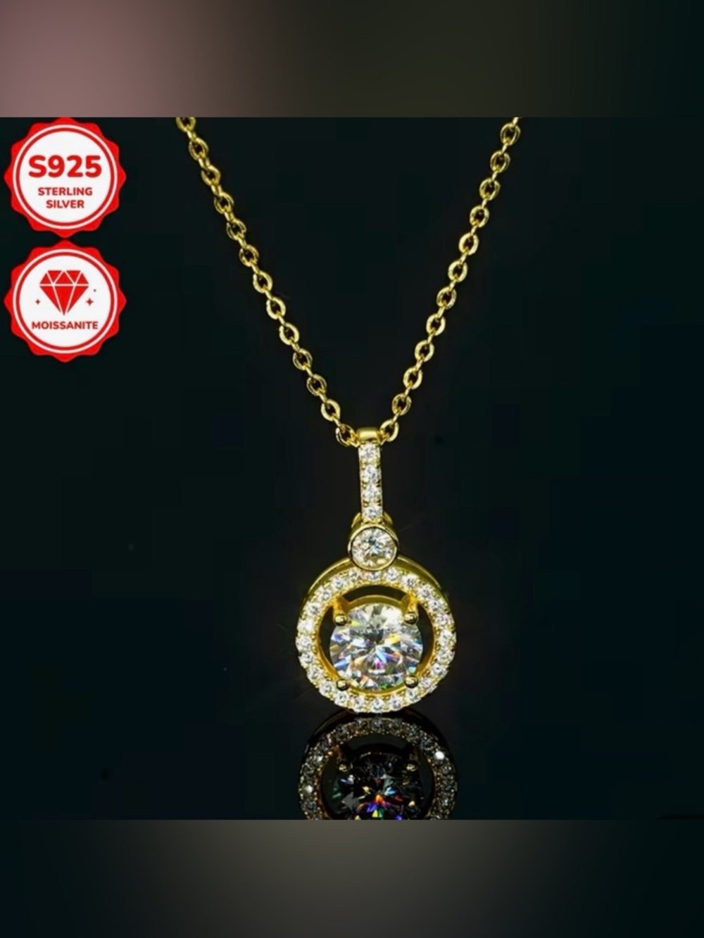Gold Tone 925 Sterling Silver & Moissanite Halo Pendant Necklace